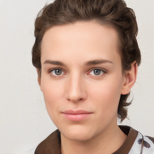 Neutral white young-adult female with short  brown hair and brown eyes