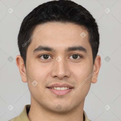 Joyful latino young-adult male with short  brown hair and brown eyes