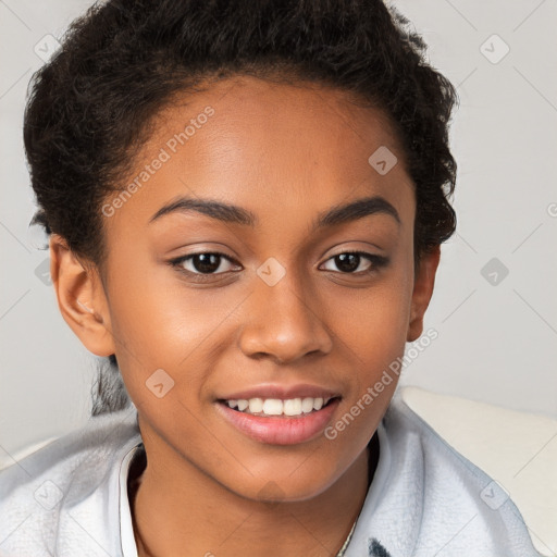 Joyful white child female with short  brown hair and brown eyes