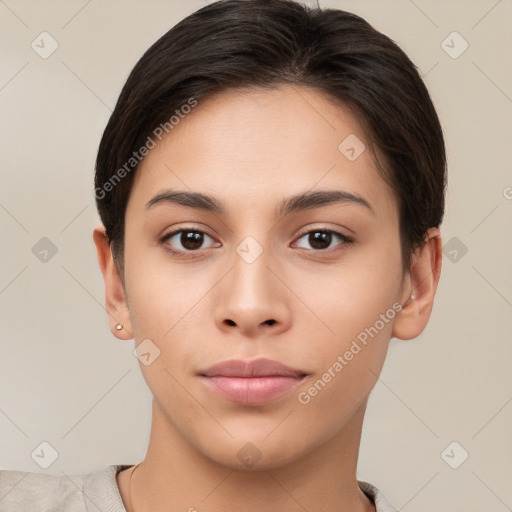 Neutral white young-adult female with short  brown hair and brown eyes