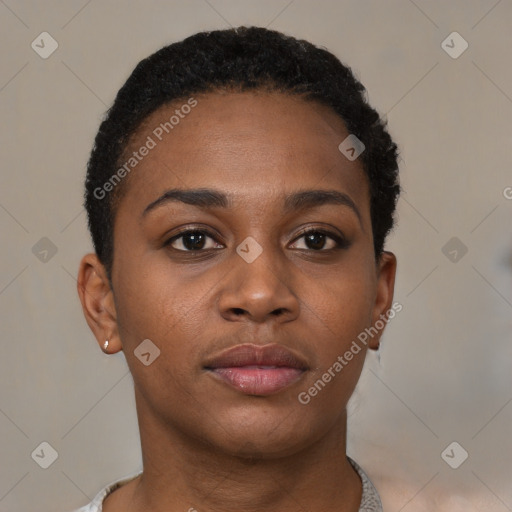 Neutral black young-adult female with short  brown hair and brown eyes