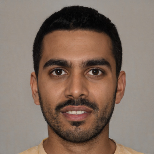 Neutral latino young-adult male with short  black hair and brown eyes