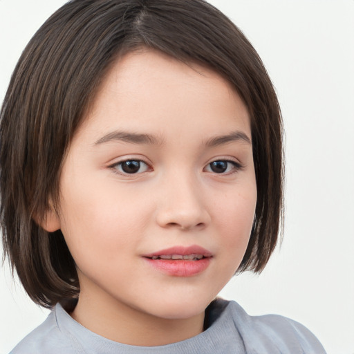 Joyful white child female with medium  brown hair and brown eyes