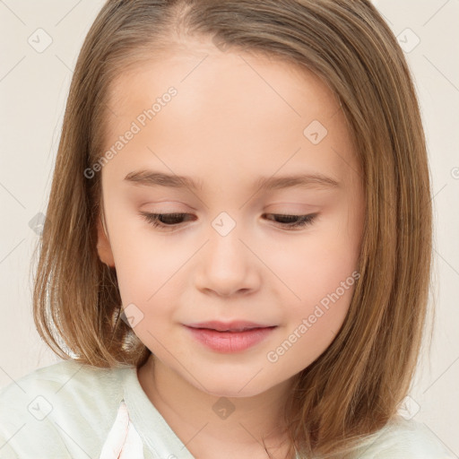 Joyful white child female with medium  brown hair and brown eyes