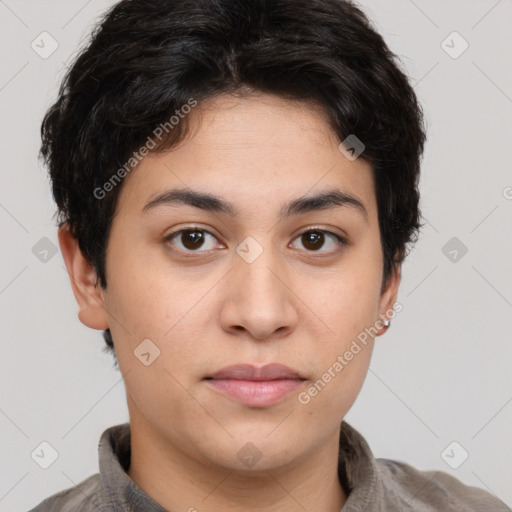 Neutral white young-adult female with short  brown hair and brown eyes