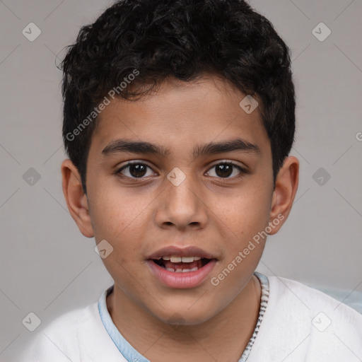 Joyful latino young-adult male with short  brown hair and brown eyes