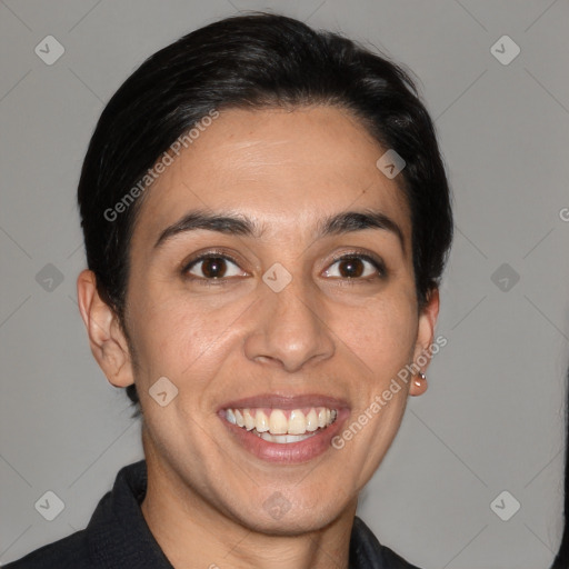 Joyful white young-adult female with short  black hair and brown eyes