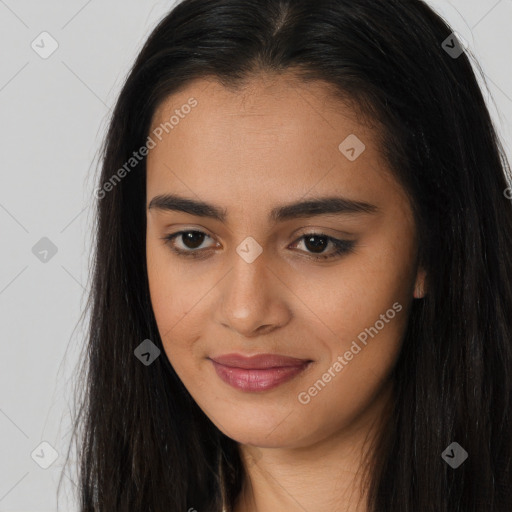 Joyful asian young-adult female with long  brown hair and brown eyes