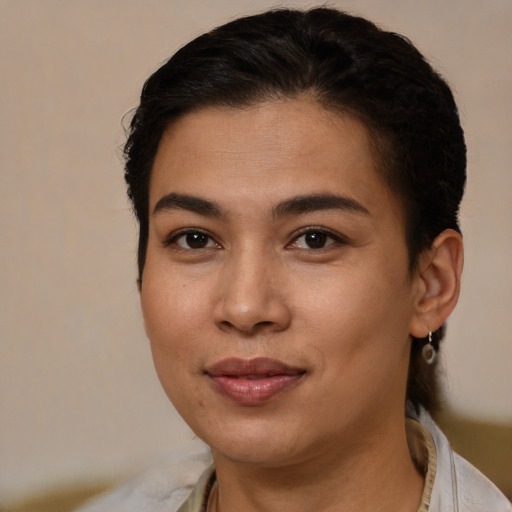 Joyful latino young-adult female with short  brown hair and brown eyes