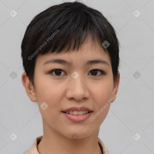 Joyful asian young-adult female with short  brown hair and brown eyes
