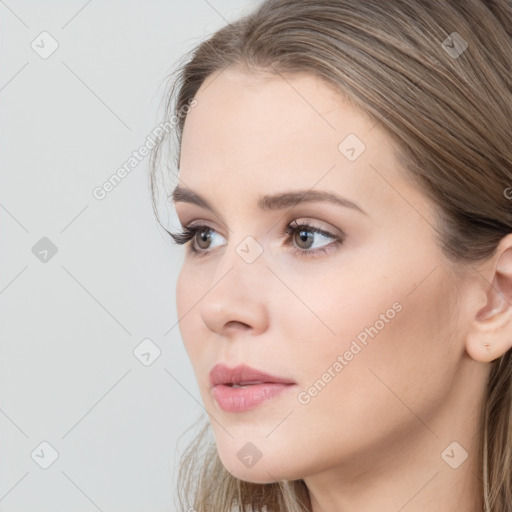 Neutral white young-adult female with long  brown hair and grey eyes