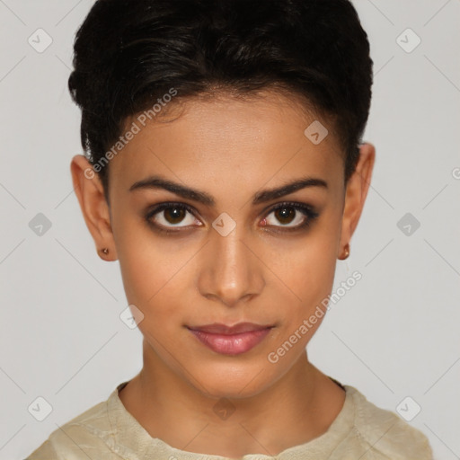 Joyful latino young-adult female with short  brown hair and brown eyes