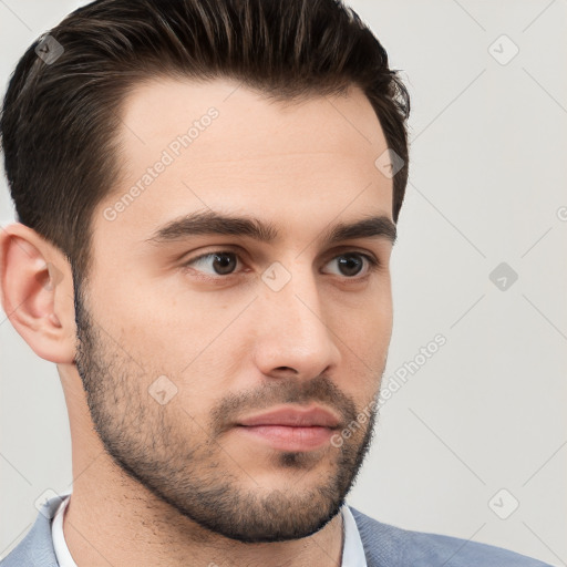 Neutral white young-adult male with short  brown hair and brown eyes