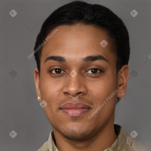Joyful black young-adult male with short  brown hair and brown eyes