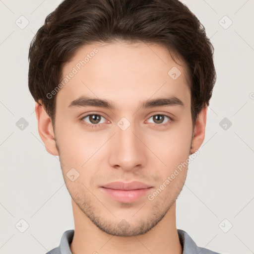 Neutral white young-adult male with short  brown hair and brown eyes