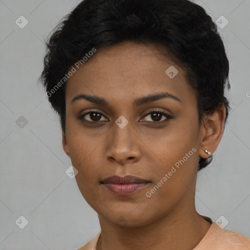 Neutral latino young-adult female with short  black hair and brown eyes