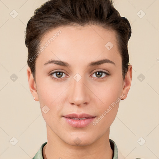 Joyful white young-adult female with short  brown hair and brown eyes