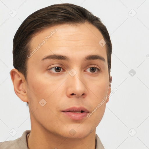 Neutral white young-adult male with short  brown hair and brown eyes