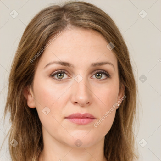 Joyful white young-adult female with long  brown hair and green eyes