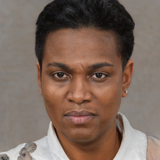 Joyful black young-adult female with short  black hair and brown eyes