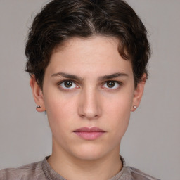 Neutral white young-adult female with short  brown hair and brown eyes