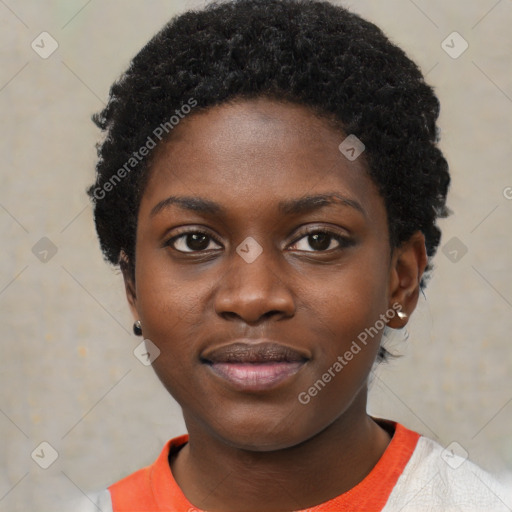 Neutral black young-adult female with short  black hair and brown eyes