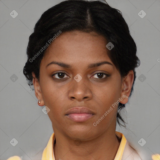 Neutral black young-adult female with short  black hair and brown eyes