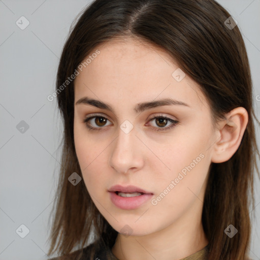 Neutral white young-adult female with long  brown hair and brown eyes