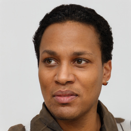 Neutral black adult female with short  black hair and brown eyes