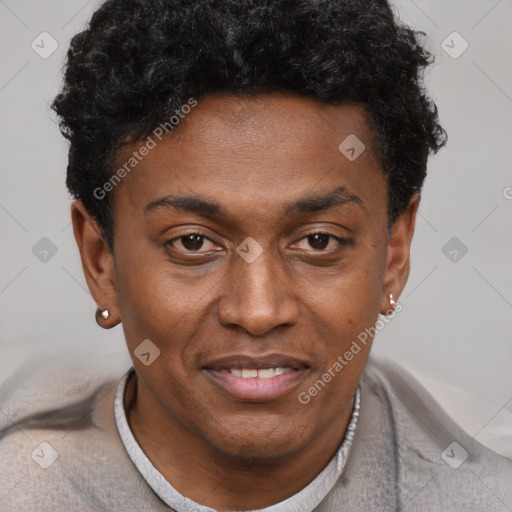 Joyful black young-adult male with short  black hair and brown eyes