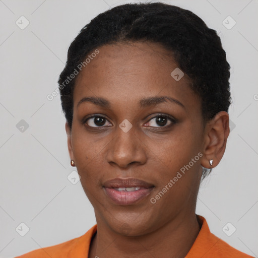 Neutral black young-adult female with short  brown hair and brown eyes