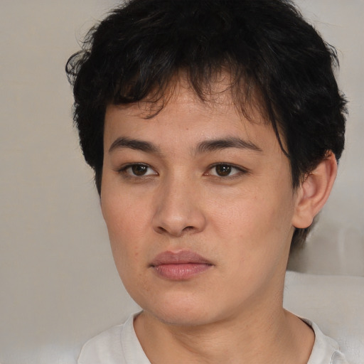 Neutral white young-adult female with short  brown hair and brown eyes