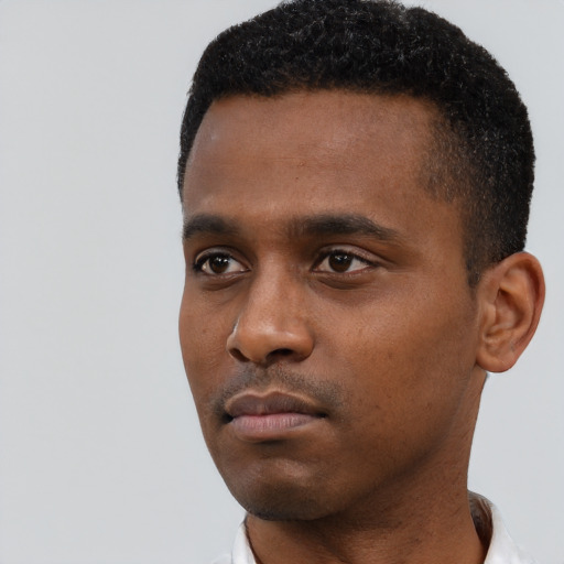 Neutral black young-adult male with short  black hair and brown eyes
