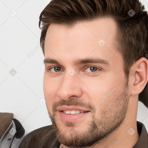 Neutral white young-adult male with short  brown hair and brown eyes