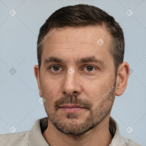 Neutral white adult male with short  brown hair and brown eyes