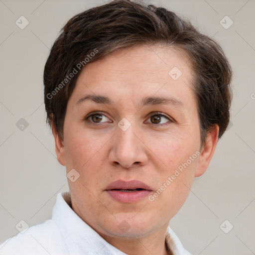 Joyful white adult female with short  brown hair and brown eyes