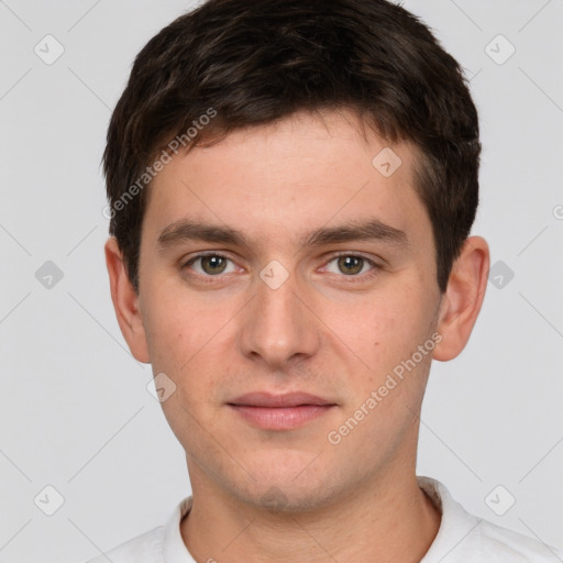 Neutral white young-adult male with short  brown hair and brown eyes