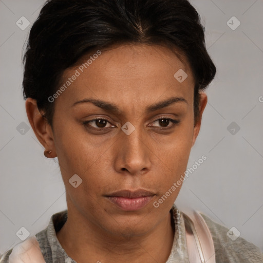 Neutral latino young-adult female with short  brown hair and brown eyes