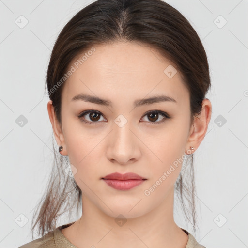 Neutral white young-adult female with medium  brown hair and brown eyes