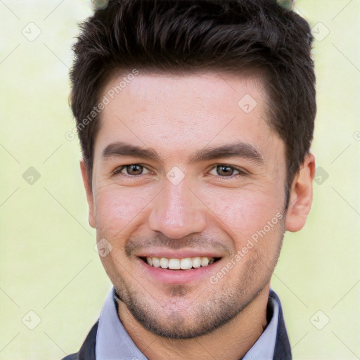 Joyful white young-adult male with short  brown hair and brown eyes