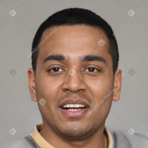 Joyful latino young-adult male with short  black hair and brown eyes