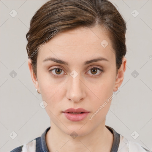 Neutral white young-adult female with short  brown hair and brown eyes