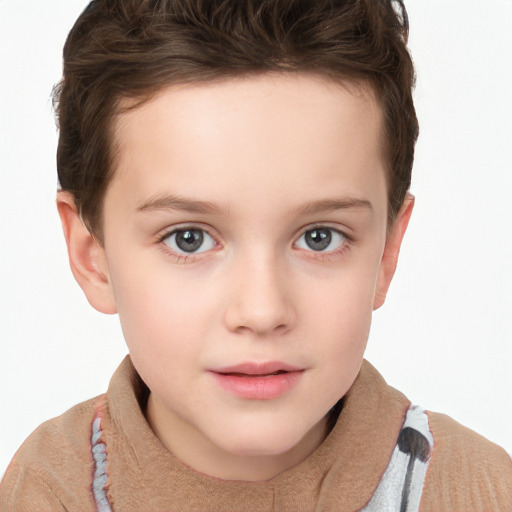 Joyful white child female with short  brown hair and grey eyes