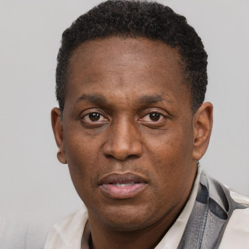 Neutral black adult male with short  brown hair and brown eyes
