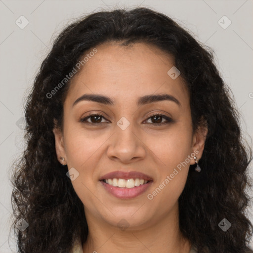 Joyful latino young-adult female with long  brown hair and brown eyes