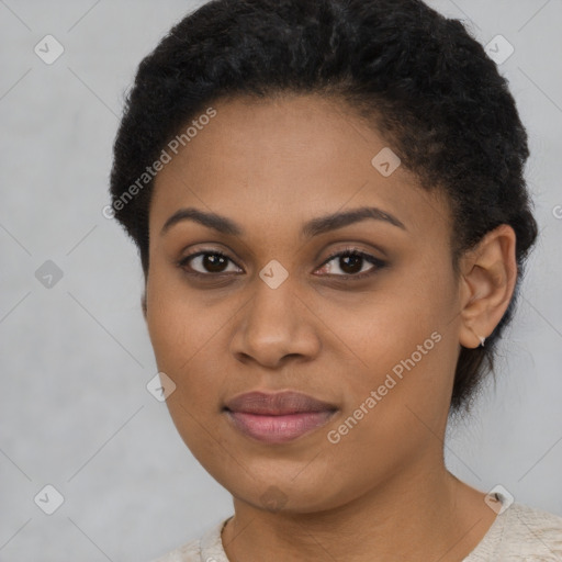 Joyful latino young-adult female with short  black hair and brown eyes