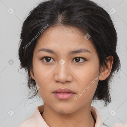 Neutral asian young-adult female with medium  brown hair and brown eyes