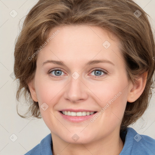 Joyful white young-adult female with medium  brown hair and blue eyes