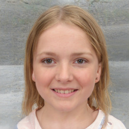 Joyful white child female with medium  brown hair and blue eyes