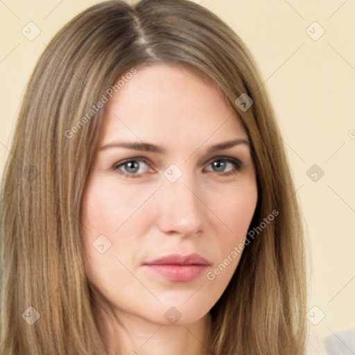 Neutral white young-adult female with long  brown hair and brown eyes